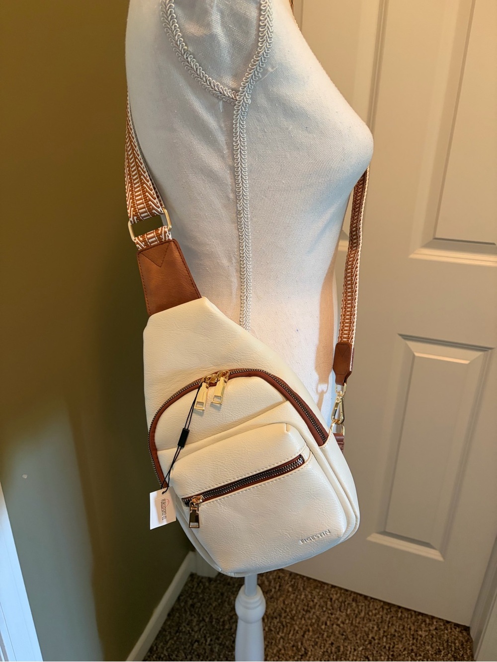 Cream Crossbody Sling Bag with Brown Trim